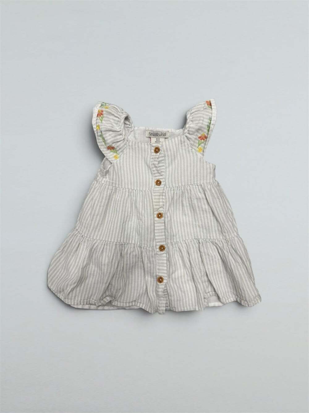 Light Gray Green Striped Tiered Dress Floral Embroidered Flutter Sleeve Girls 2T